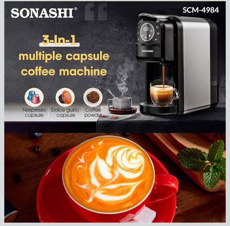 دستگاه قهوه ساز چند کپسولی سوناشی SCM-4984 سه کاره – قهوه ساز 1400 واتی با مخزن آب جداشونده 700 میلی لیتری، پنل کنترل لمسی، قابلیت تمیز کردن خودکار | ابزار آشپزخانه SCM-4984 مشکی/خاکستری